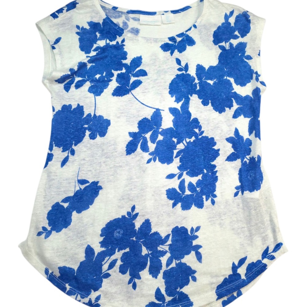 Cynthia Rowley Linen Floral Cap Sleeve Shirt, Women’s Small Blue and White Top